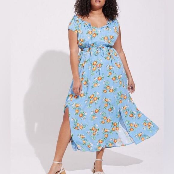 Torrid Maxi Woven Double Slit Dress Size 2 Blue Orange Grove Elastic Waist NWT - Picture 1 of 11